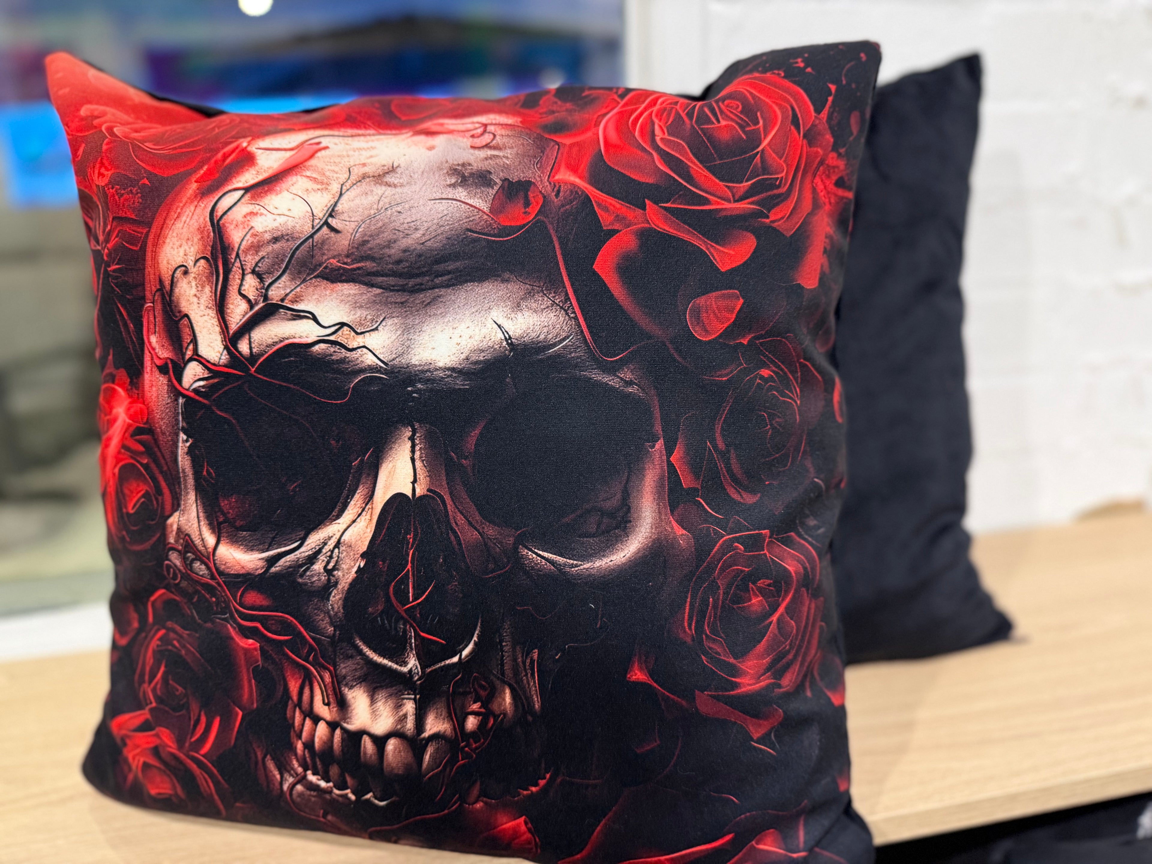 Gothic Skull & Red Roses Cushion – One of a Kind 18x18” with Insert