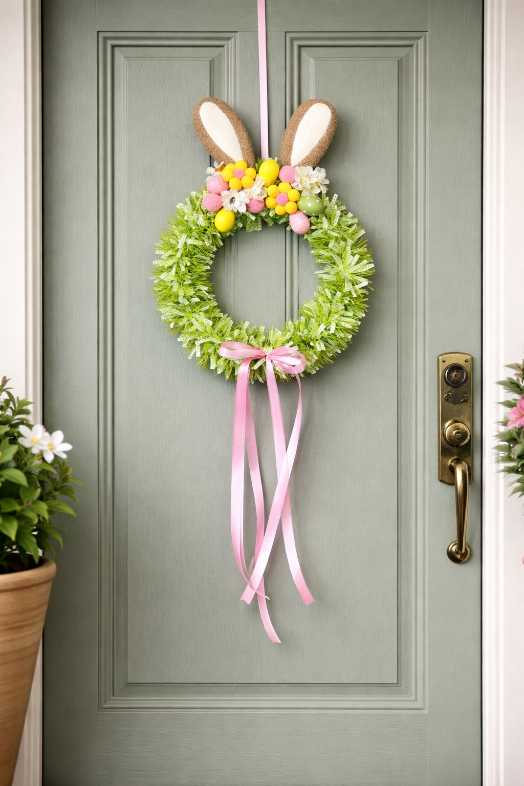 Handmade Easter Bunny Ear Wreath – 75cm Spring Door Decoration with Floral Eggs