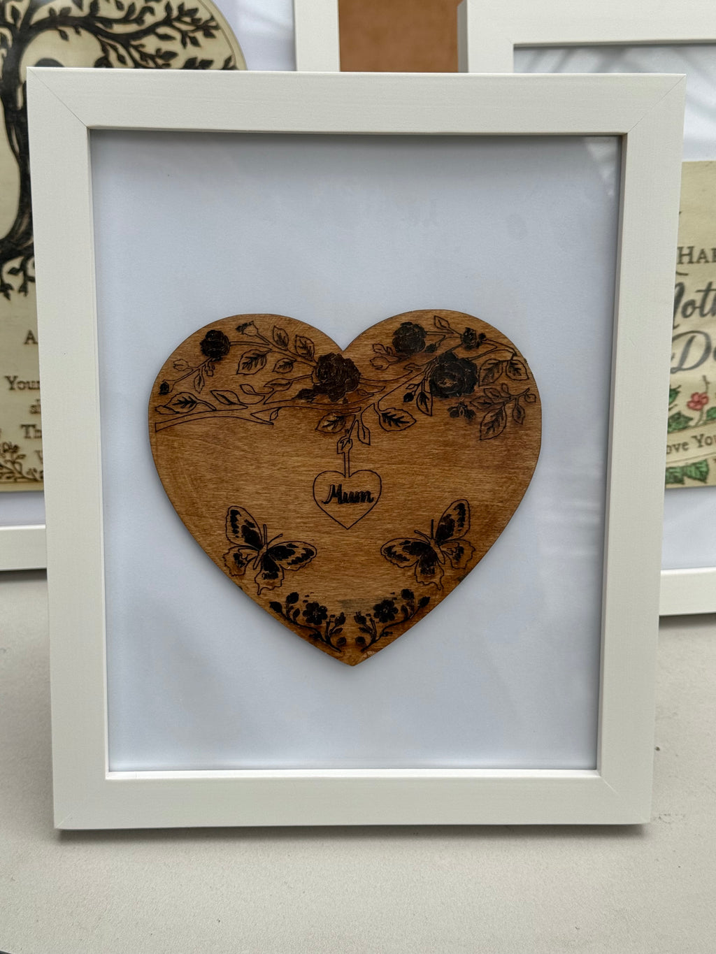 Framed Engraved Mum Heart – Basswood One of a Kind Gift