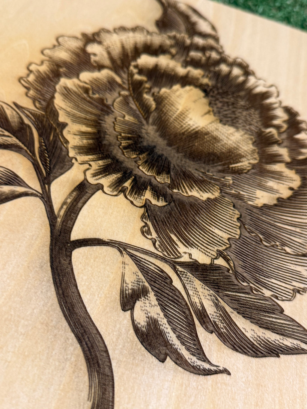 Peony Flower Laser Engraved Basswood Artwork (30cm x 30cm) – One of a Kind