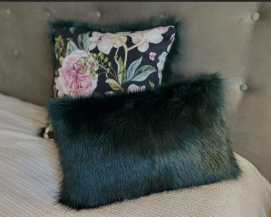 Luxury Black Faux Fur & Floral Cushion Set – 2 Piece Handmade with Inserts