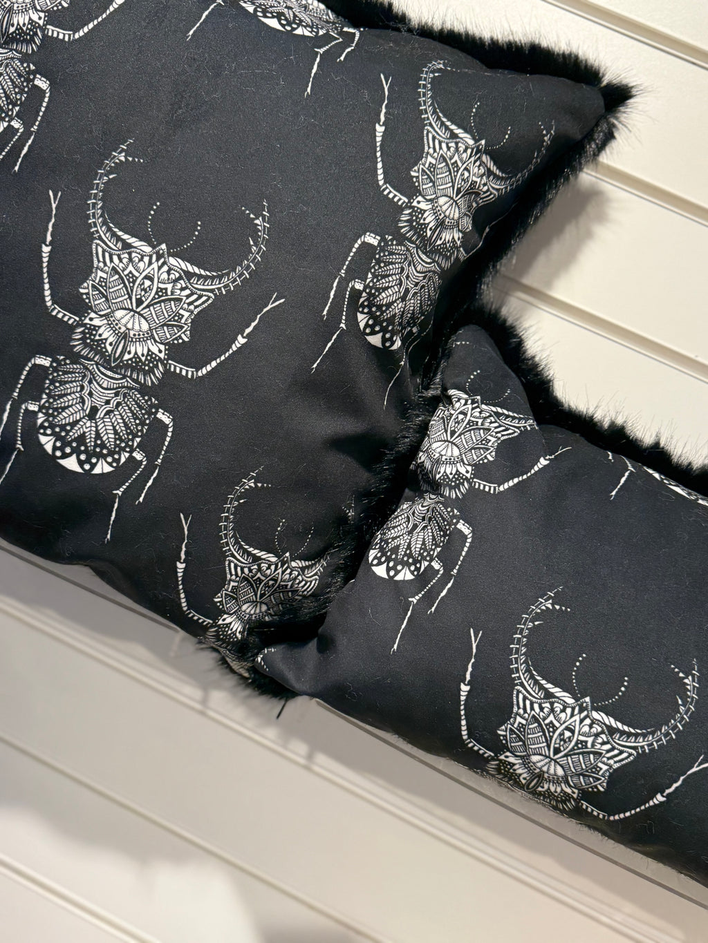 Gothic Faux Fur Cushion Set – 2 Piece Beetle Design with Inserts