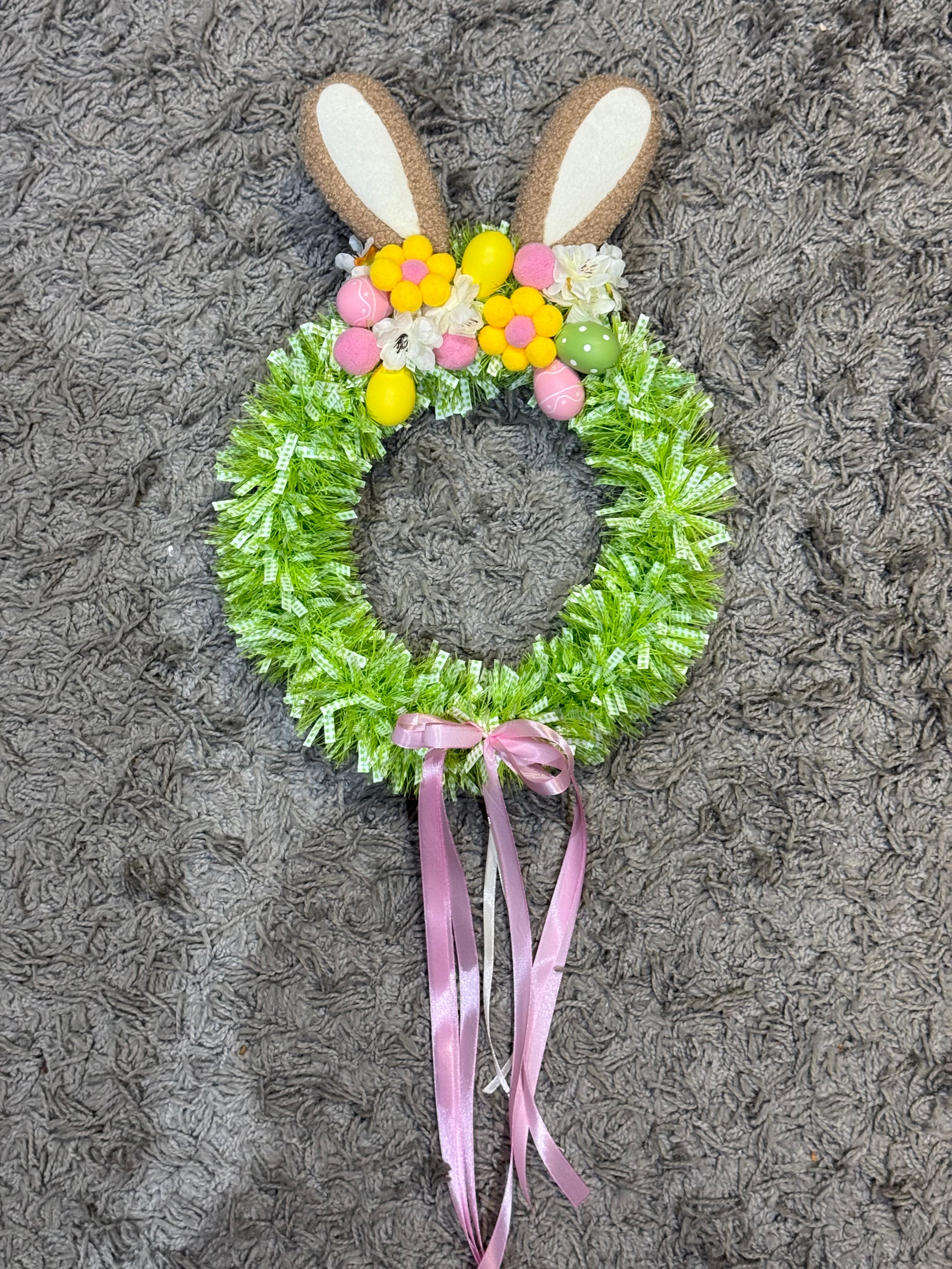 Handmade Easter Bunny Ear Wreath – 75cm Spring Door Decoration with Floral Eggs