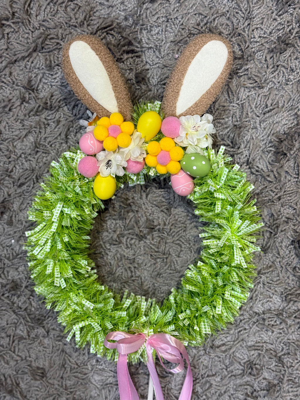 Handmade Easter Bunny Ear Wreath – 75cm Spring Door Decoration with Floral Eggs