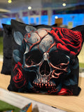 Gothic Skull & Roses Handmade Cushion – One of a Kind 18x18” with Insert