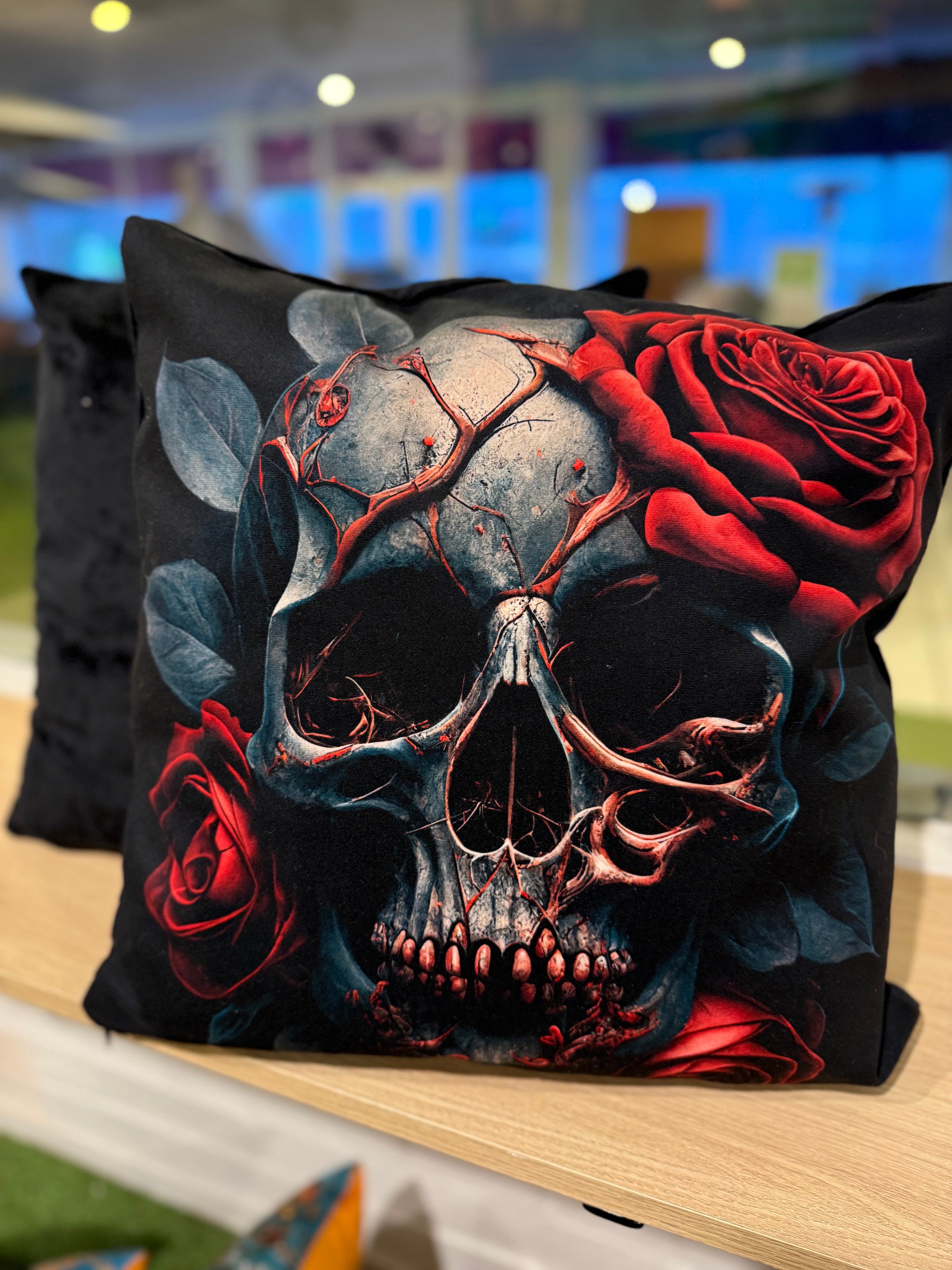 Gothic Skull & Roses Handmade Cushion – One of a Kind 18x18” with Insert