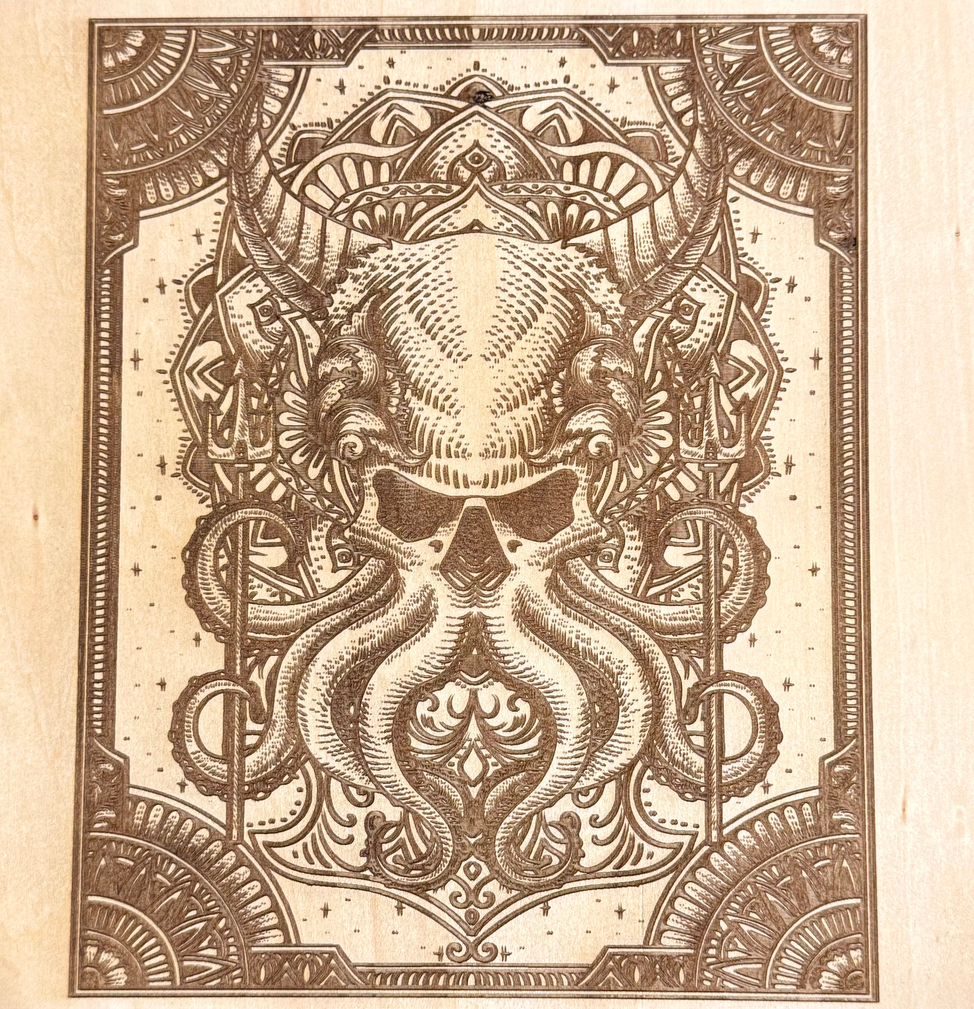Octopus Skull Laser Engraved Artwork on Basswood (30x30cm)
