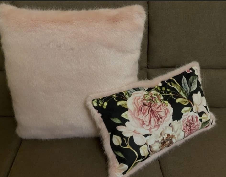 Luxury Floral & Pink Faux Fur Cushion Set – 2 Piece Handmade with Inserts