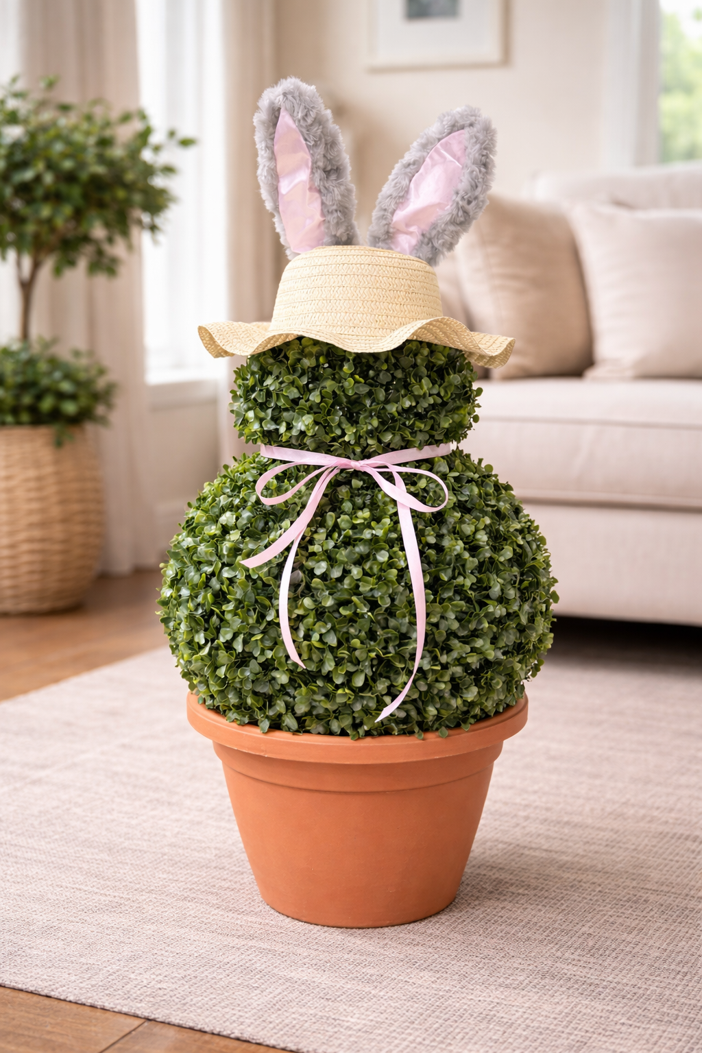 Handmade Easter Bunny Topiary – 80cm Buxus Ball Decoration with Bonnet & Ears