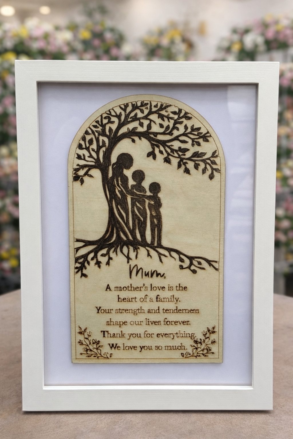 Framed Engraved Mum Gift – One of a Kind Basswood Artwork (A4 Frame)
