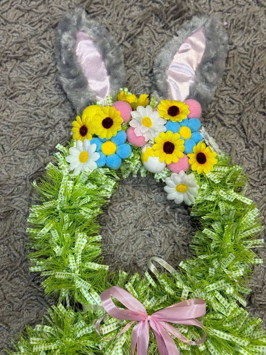 Handmade Easter Bunny Wreath – 75cm Spring Floral Door Decoration with Ribbon