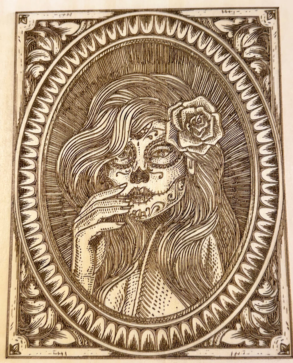 Sugar Skull Lady Laser Engraved Artwork on Basswood (30x30cm)