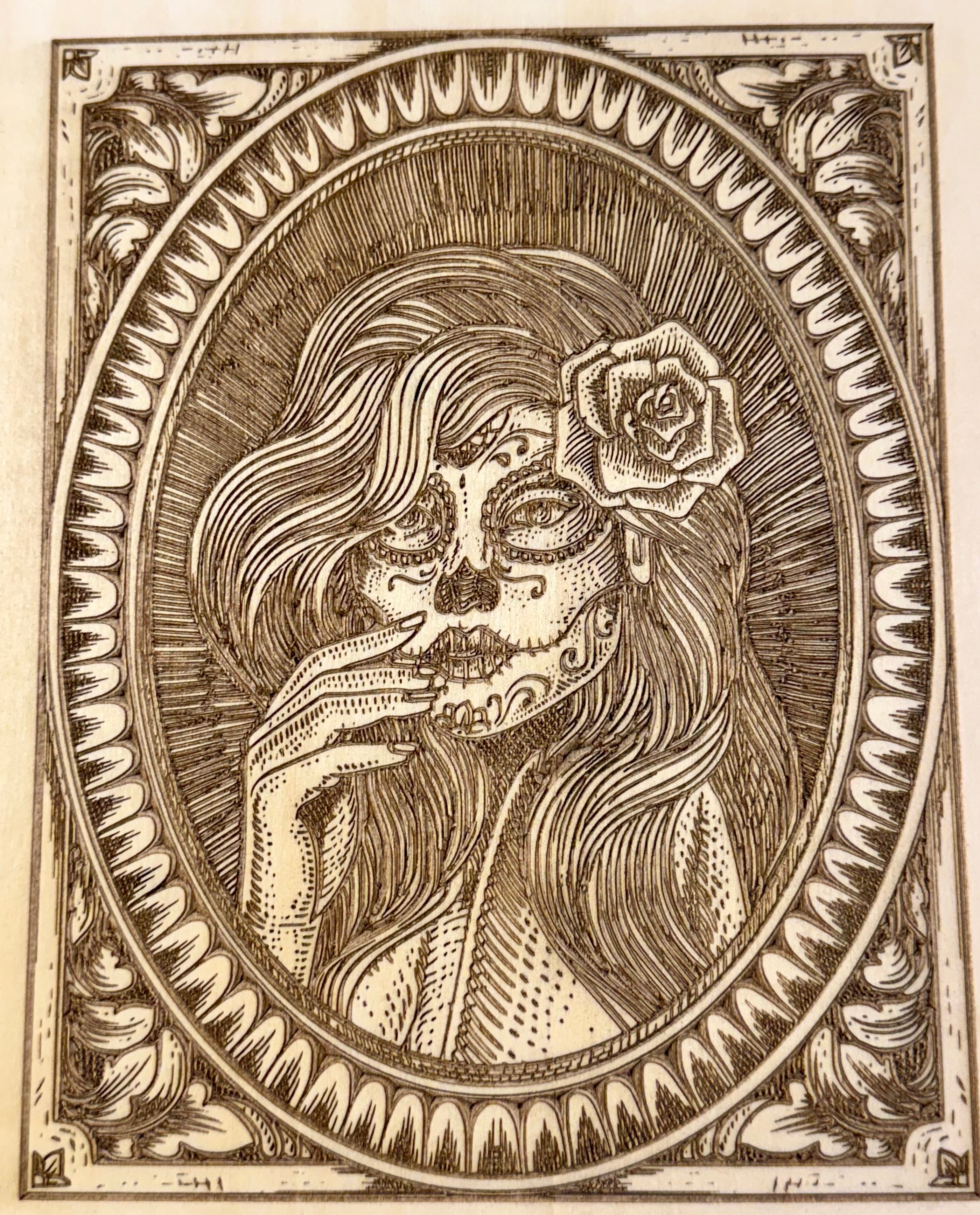 Sugar Skull Lady Laser Engraved Artwork on Basswood (30x30cm)