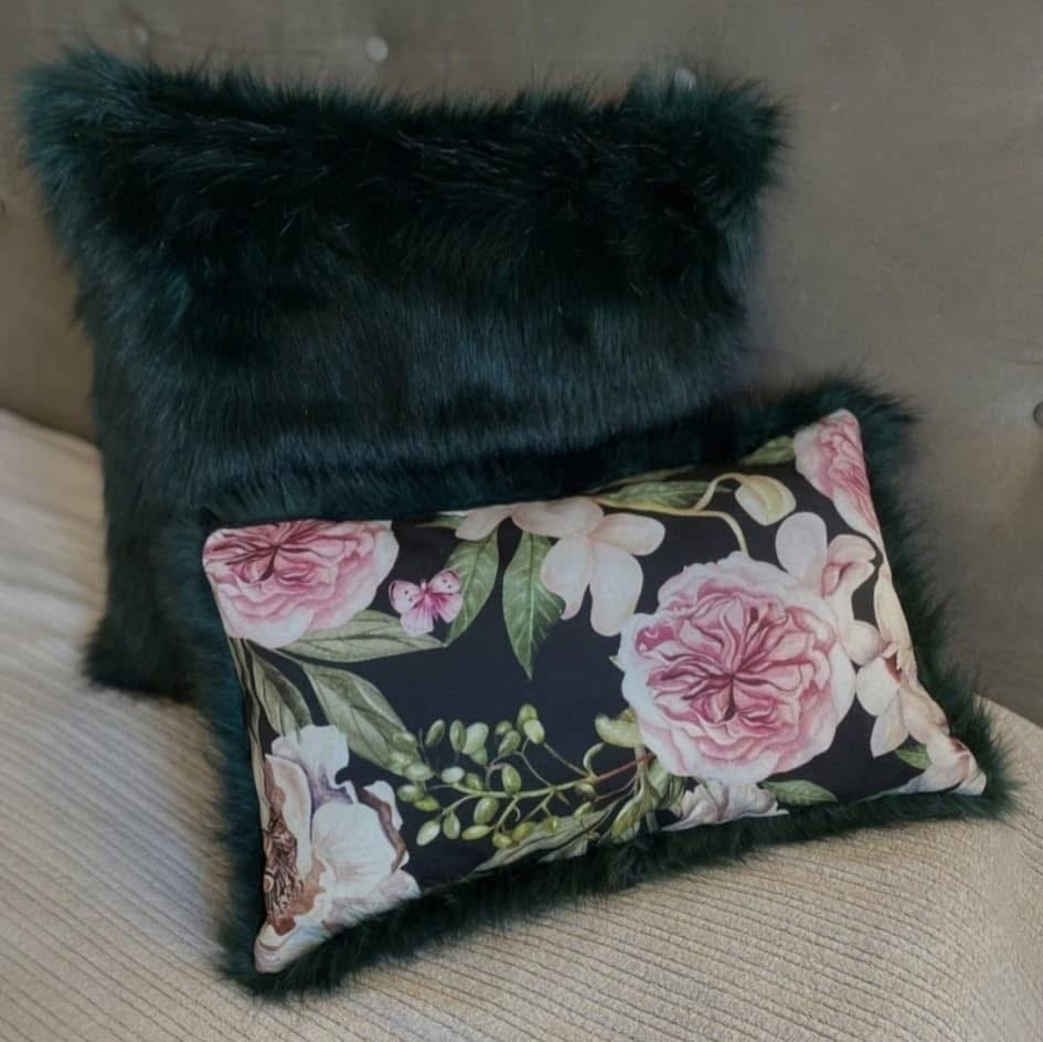 Luxury Black Faux Fur & Floral Cushion Set – 2 Piece Handmade with Inserts