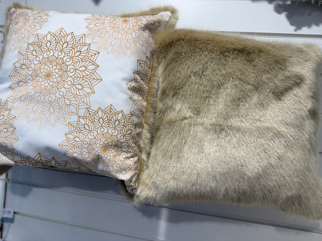 Neutral Mandala & Faux Fur Cushion Set – 2 Piece Handmade with Inserts