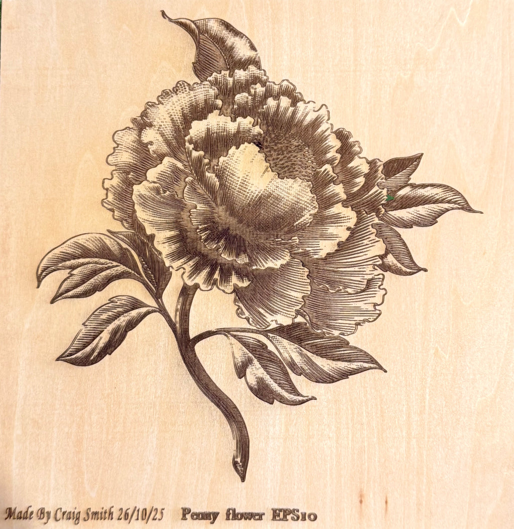 Peony Flower Laser Engraved Basswood Artwork (30cm x 30cm) – One of a Kind