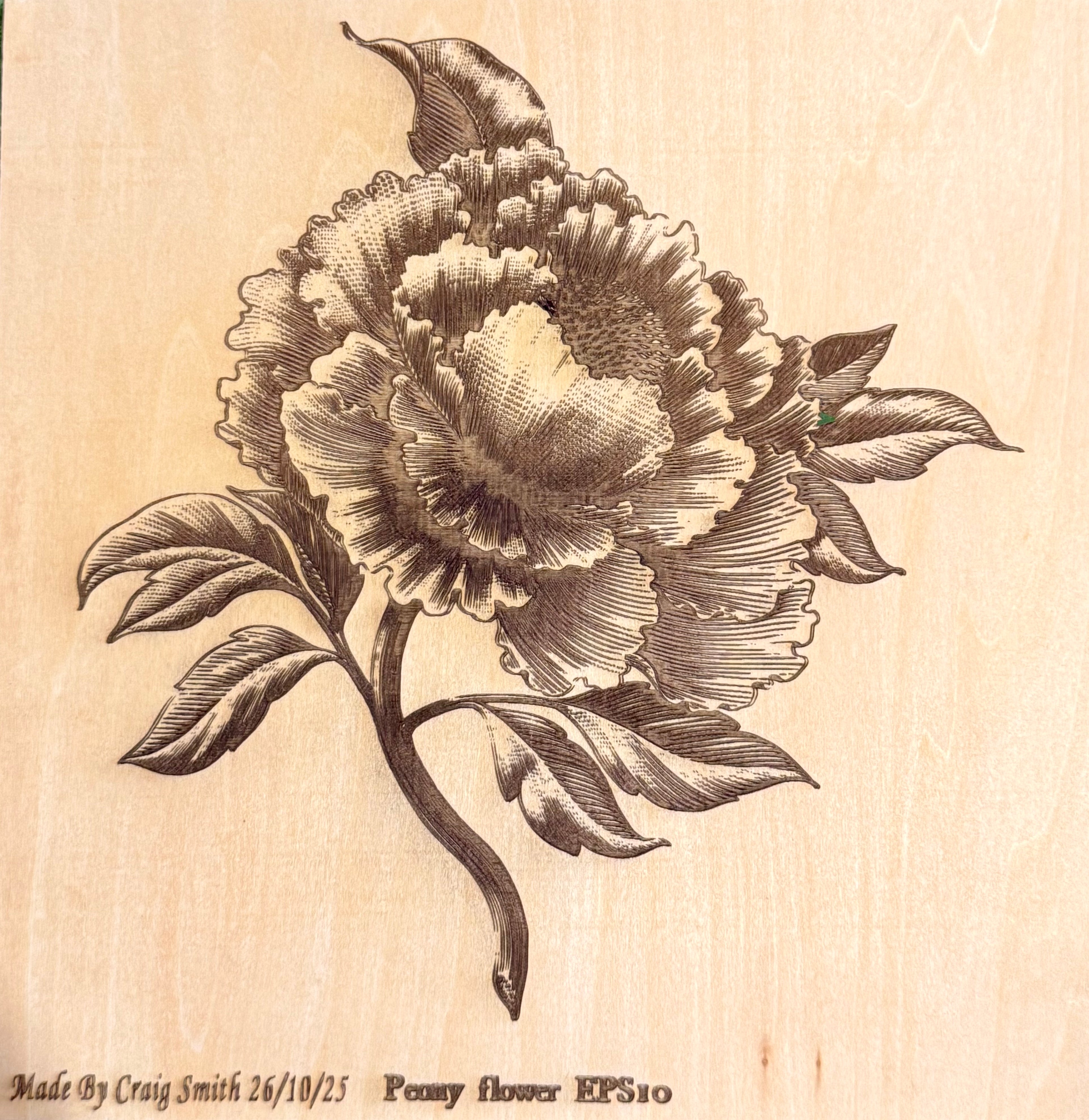Peony Flower Laser Engraved Basswood Artwork (30cm x 30cm) – One of a Kind