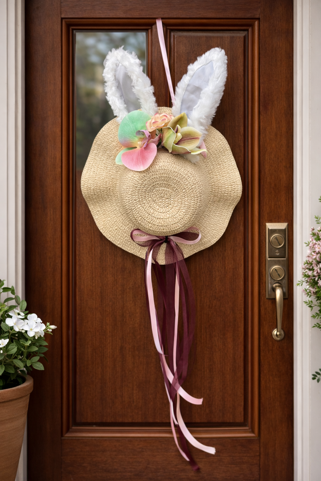 Handmade Easter Bonnet Wreath – 12” Bunny Ear Spring Door Decoration