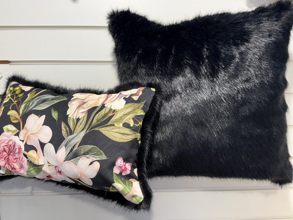 Luxury Black Faux Fur & Floral Cushion Set – 2 Piece Handmade with Inserts