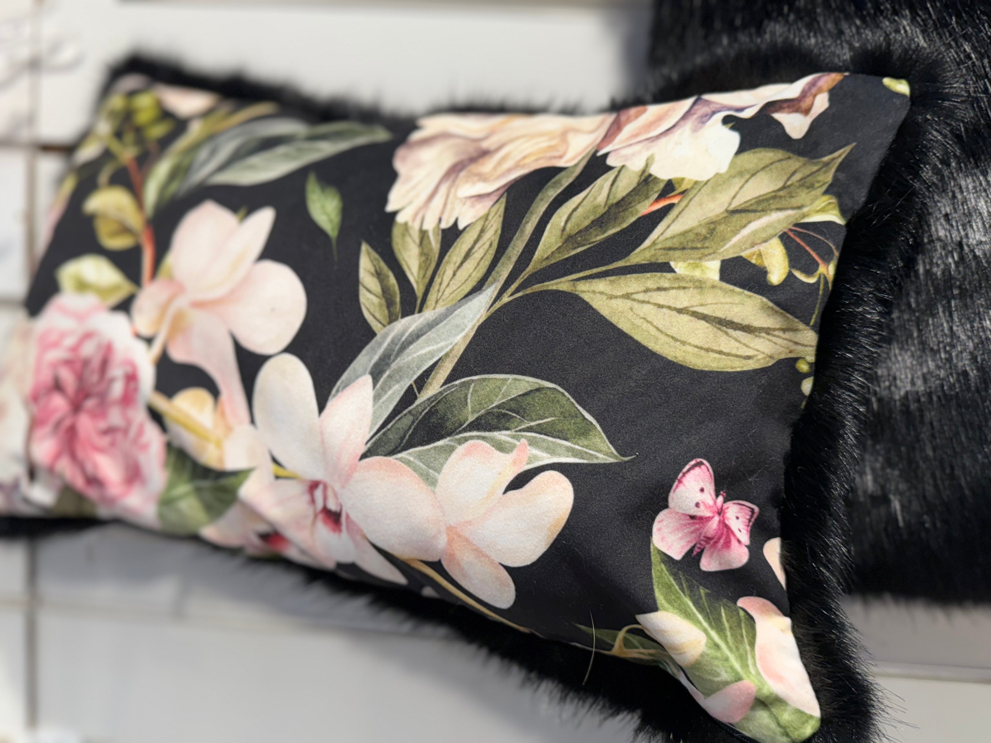 Luxury Black Faux Fur & Floral Cushion Set – 2 Piece Handmade with Inserts