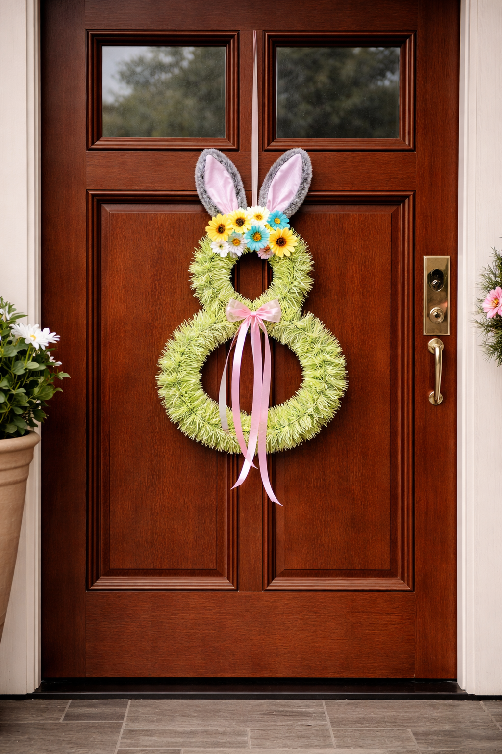 Handmade Easter Bunny Wreath – 75cm Spring Floral Door Decoration with Ribbon