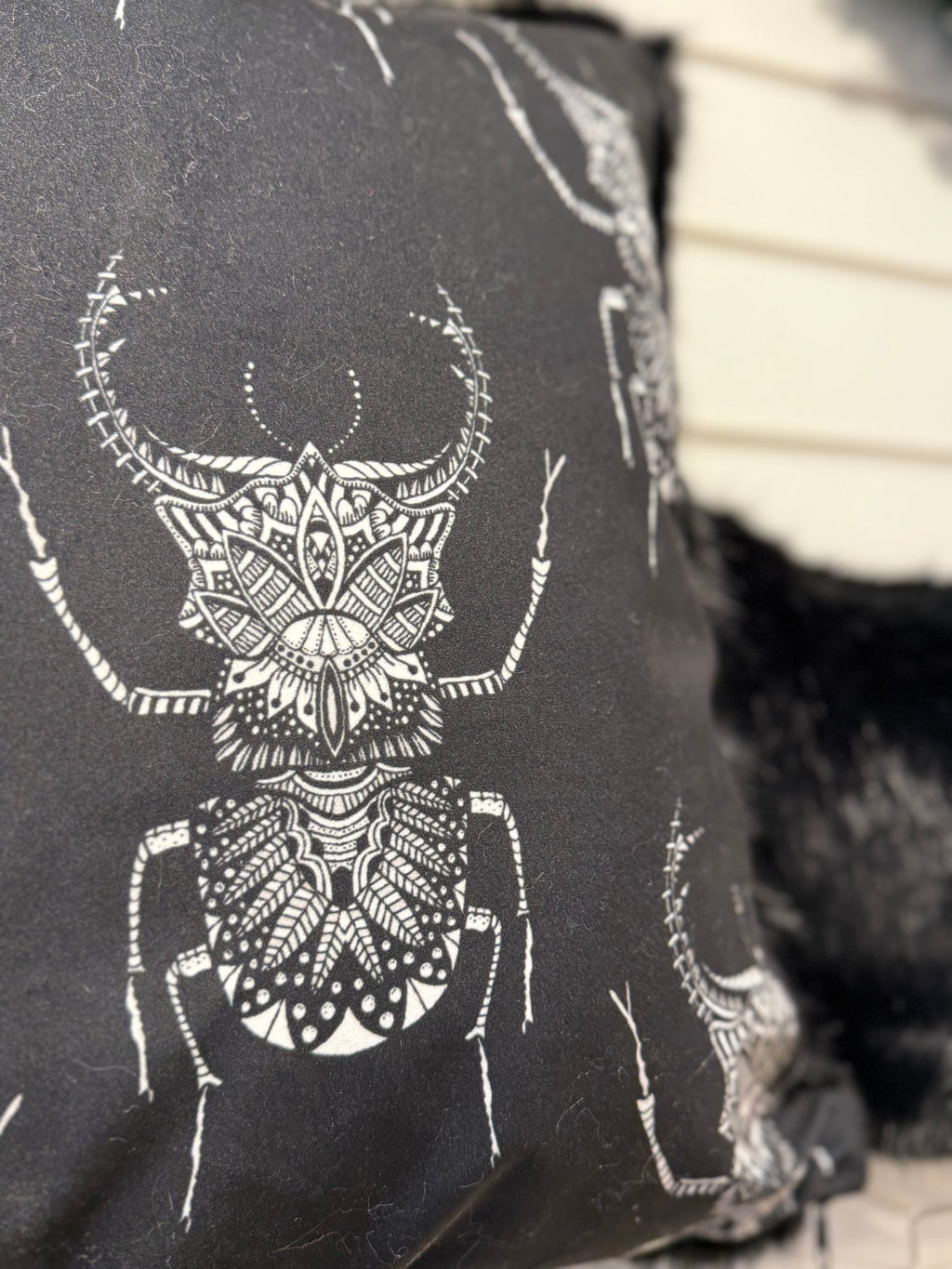Gothic Faux Fur Cushion Set – 2 Piece Beetle Design with Inserts