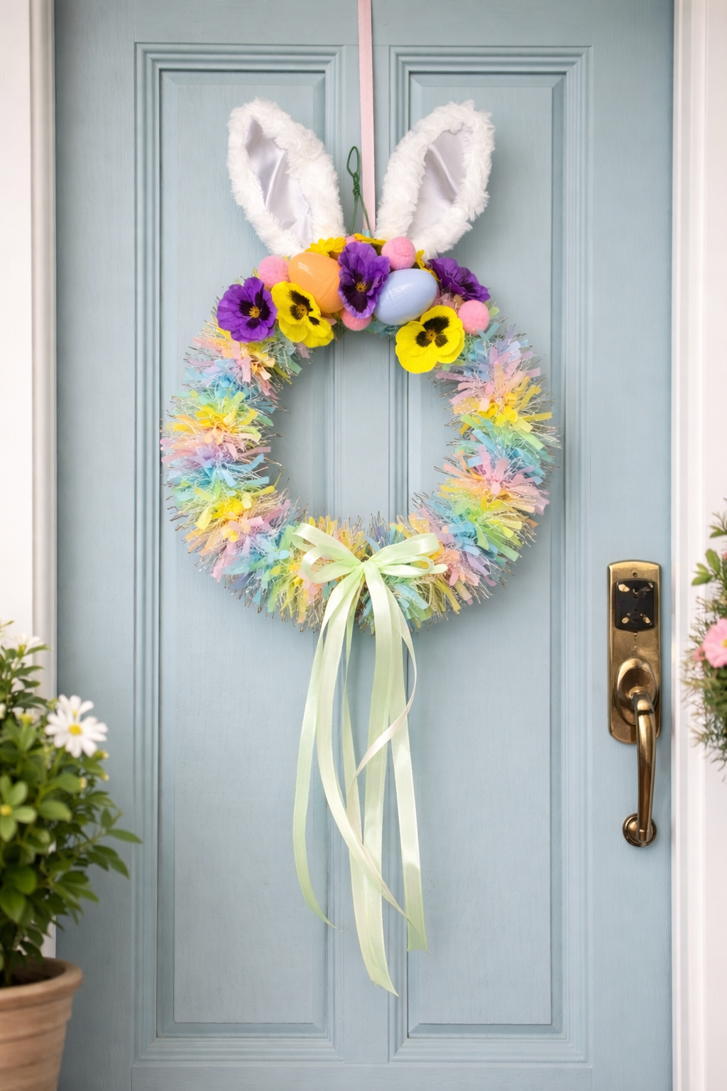 Colourful Easter Bunny Ear Wreath – 12 Inch Handmade Spring Decor
