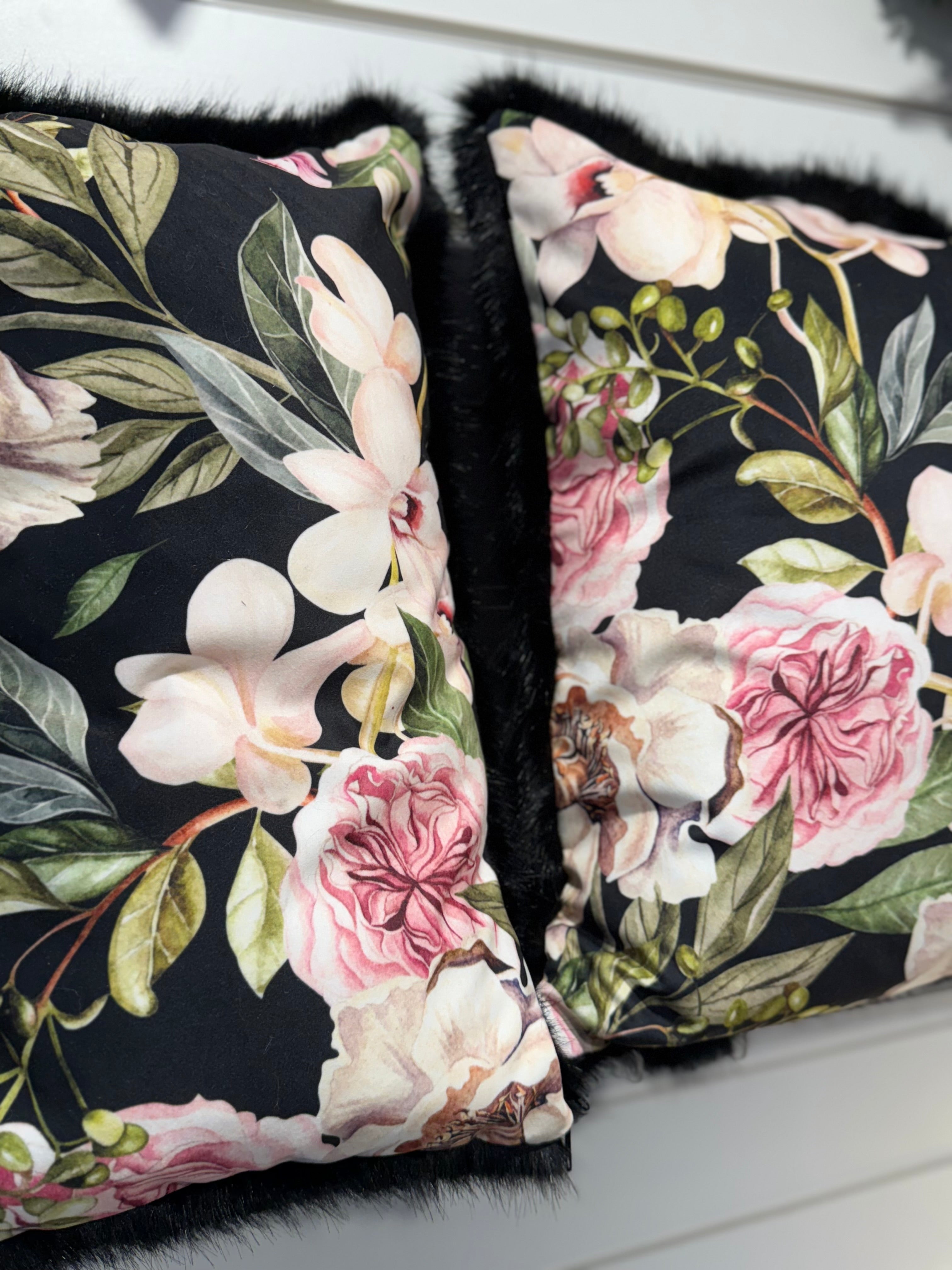 Luxury Black Faux Fur & Floral Cushion Set – 2 Piece Handmade with Inserts