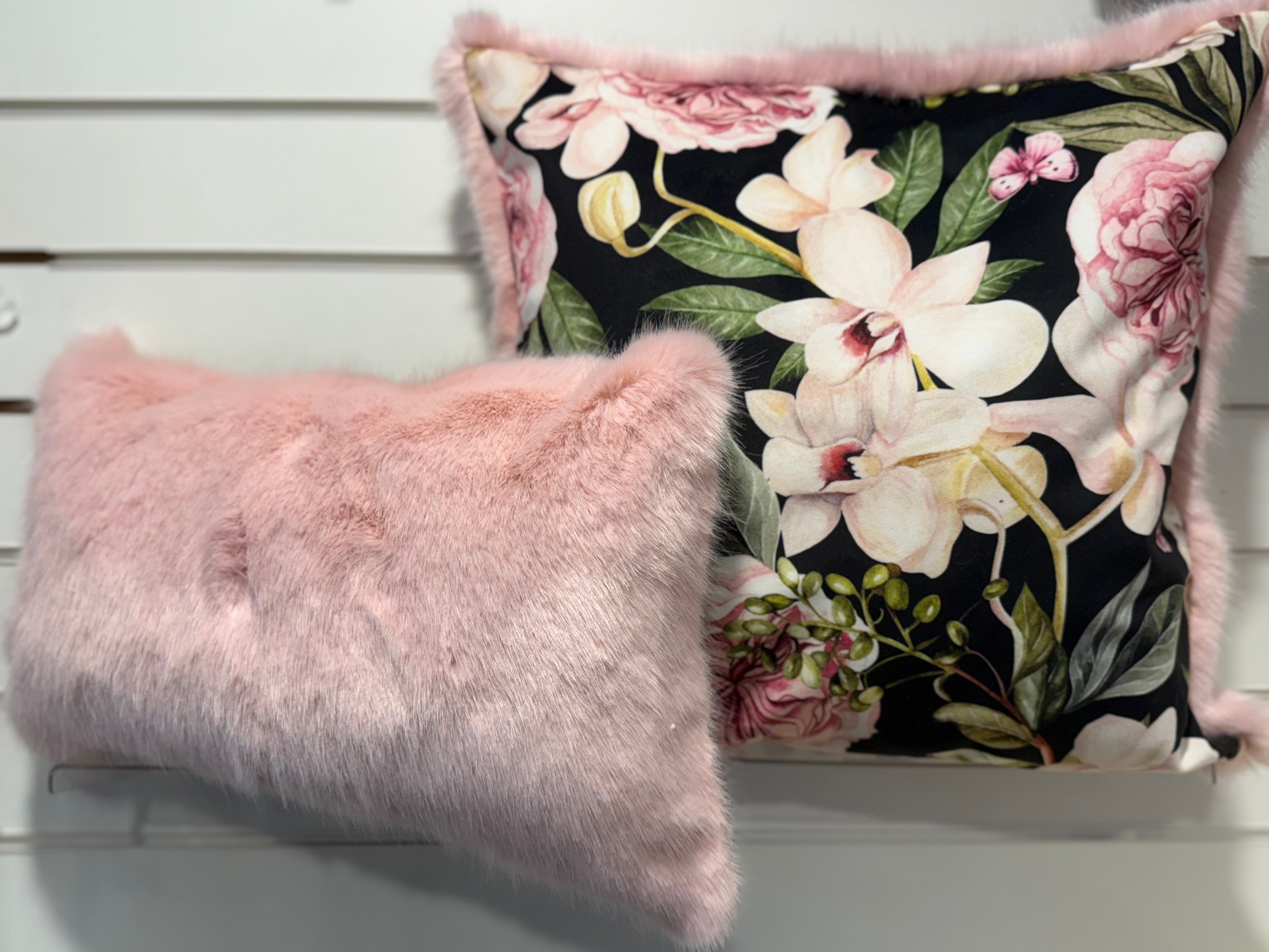Luxury Floral & Pink Faux Fur Cushion Set – 2 Piece Handmade with Inserts