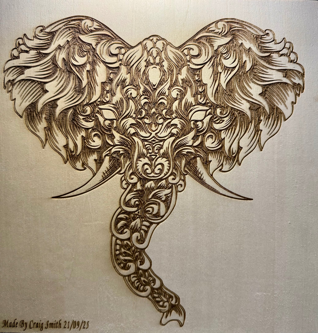Ornate Elephant Laser Engraved Artwork on Basswood (30x30cm)
