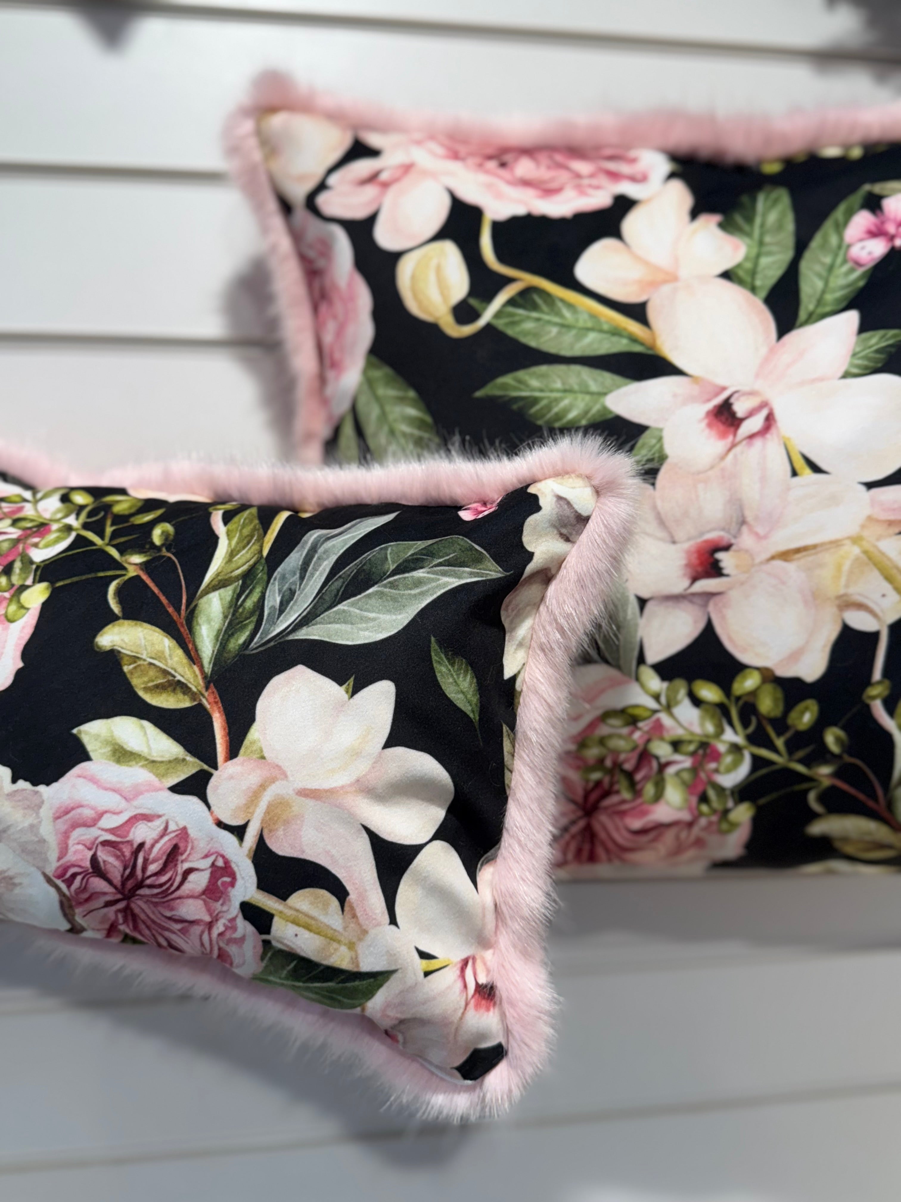 Luxury Floral & Pink Faux Fur Cushion Set – 2 Piece Handmade with Inserts