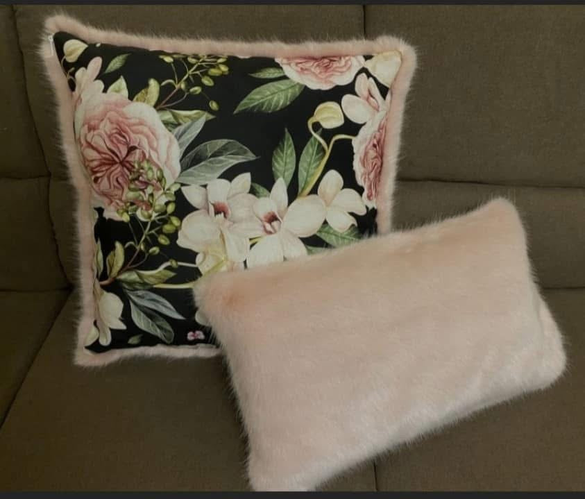 Luxury Floral & Pink Faux Fur Cushion Set – 2 Piece Handmade with Inserts