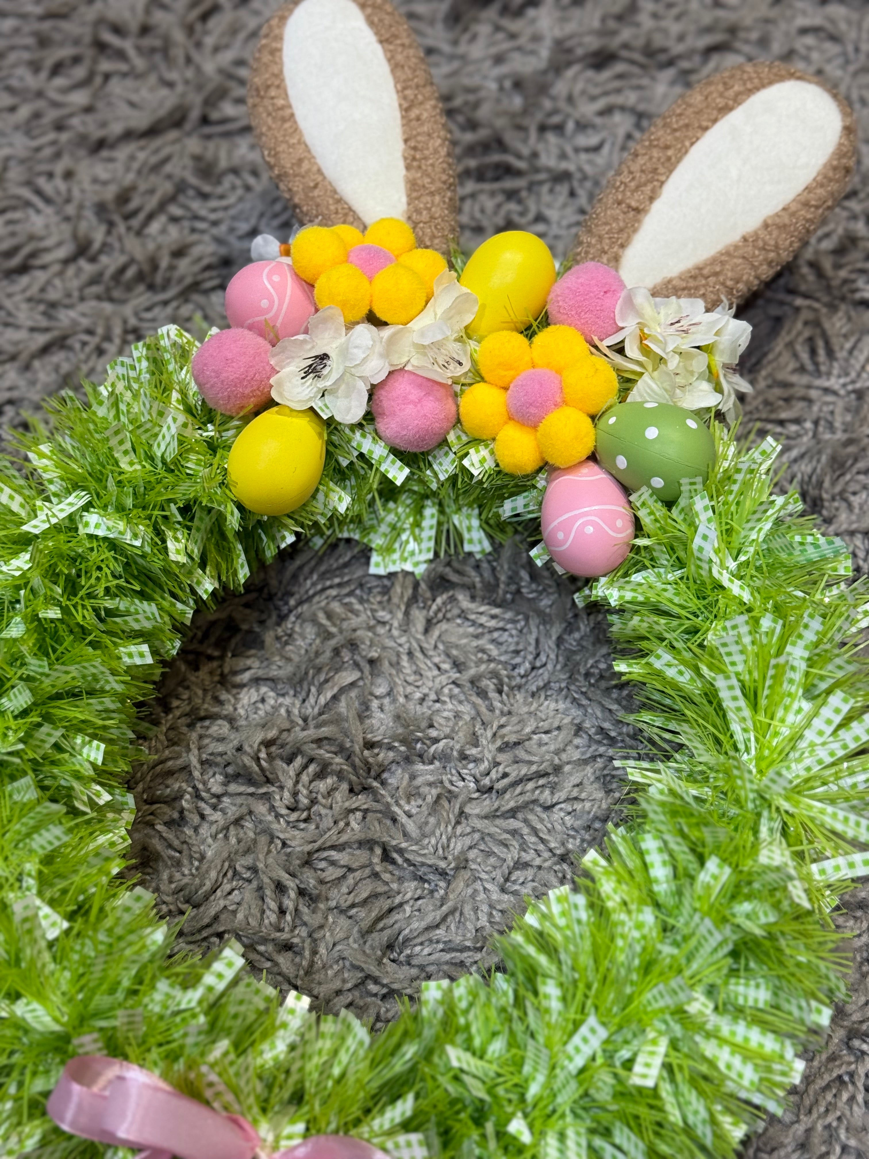 Handmade Easter Bunny Ear Wreath – 75cm Spring Door Decoration with Floral Eggs
