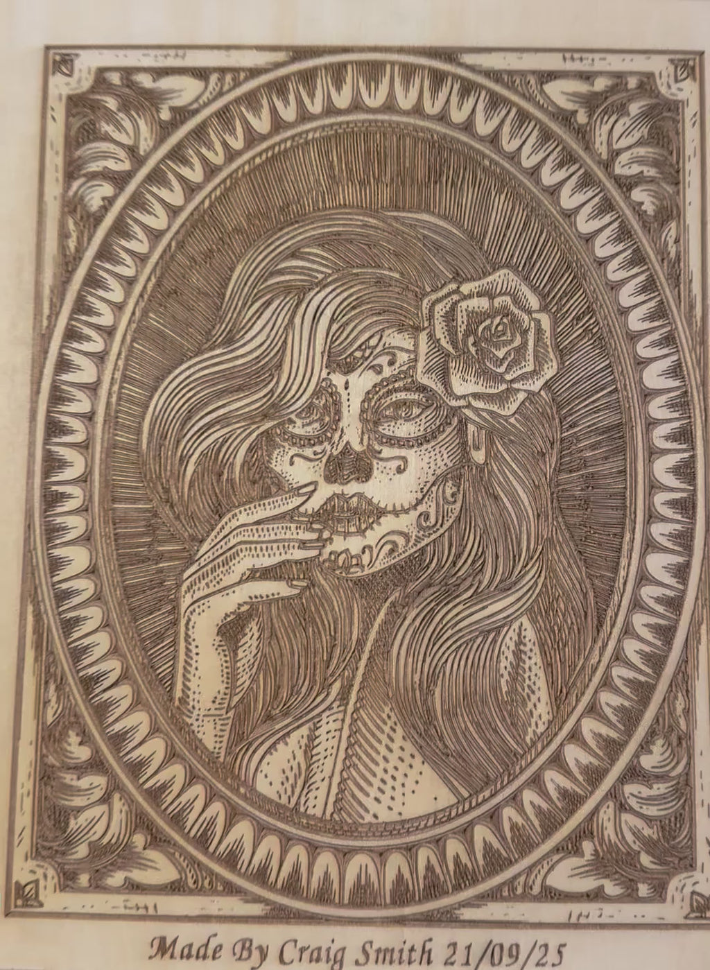 Sugar Skull Lady Laser Engraved Artwork on Basswood (30x30cm)