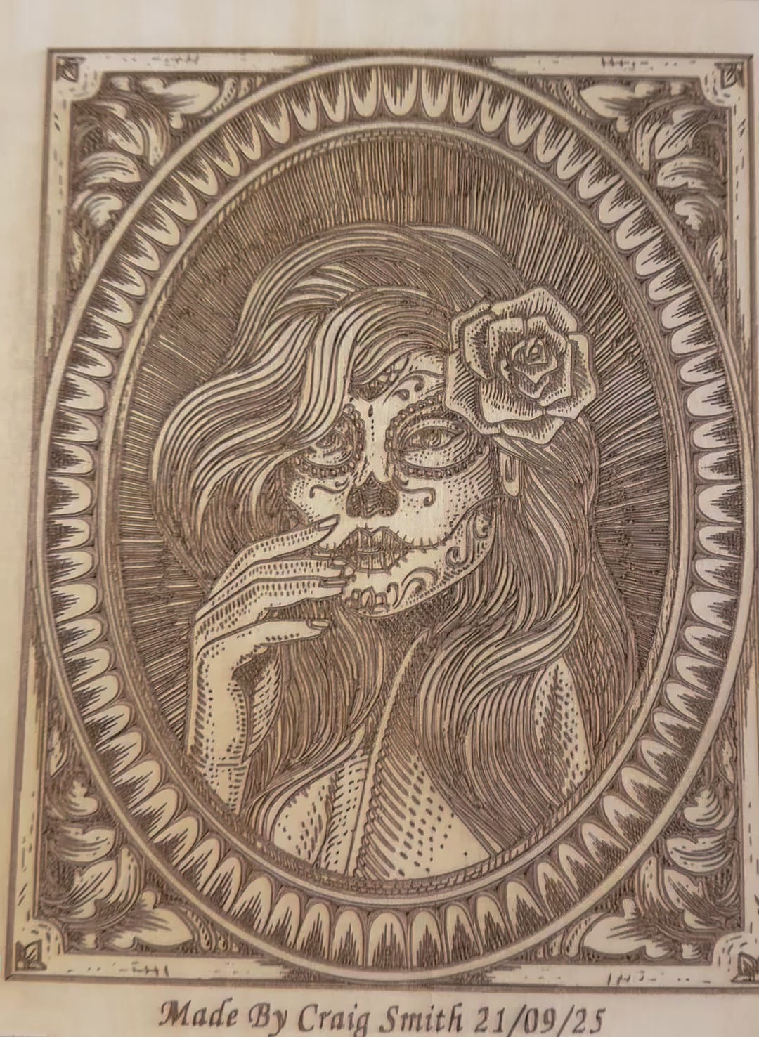 Sugar Skull Lady Laser Engraved Artwork on Basswood (30x30cm)