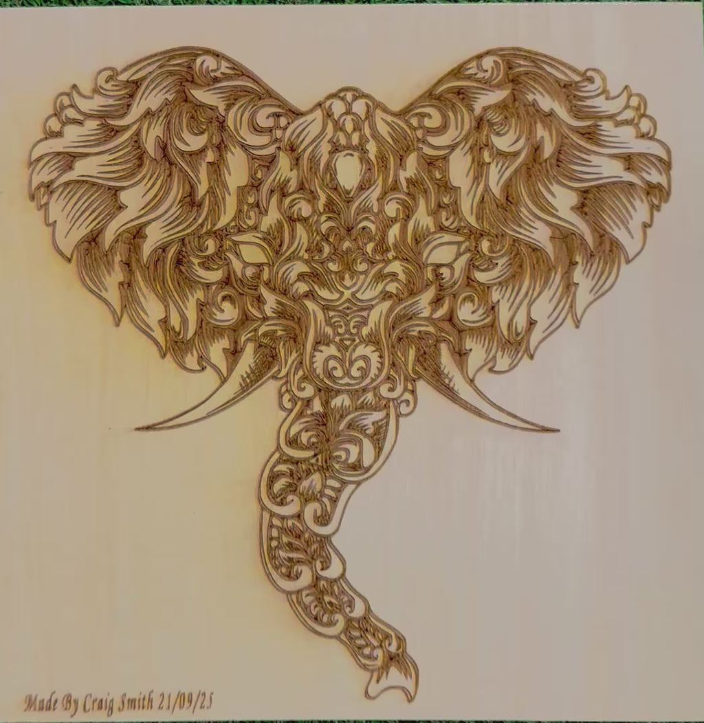 Ornate Elephant Laser Engraved Artwork on Basswood (30x30cm)