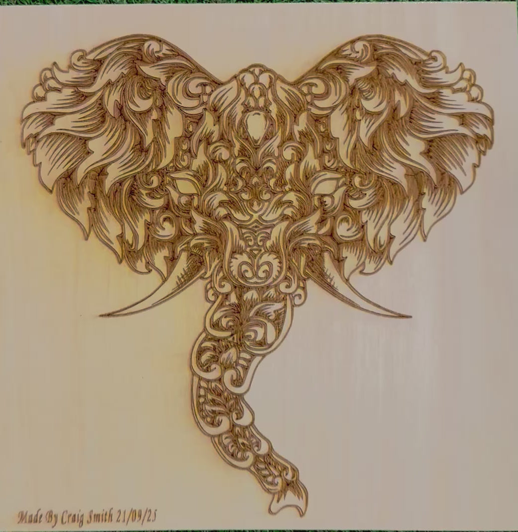 Ornate Elephant Laser Engraved Artwork on Basswood (30x30cm)