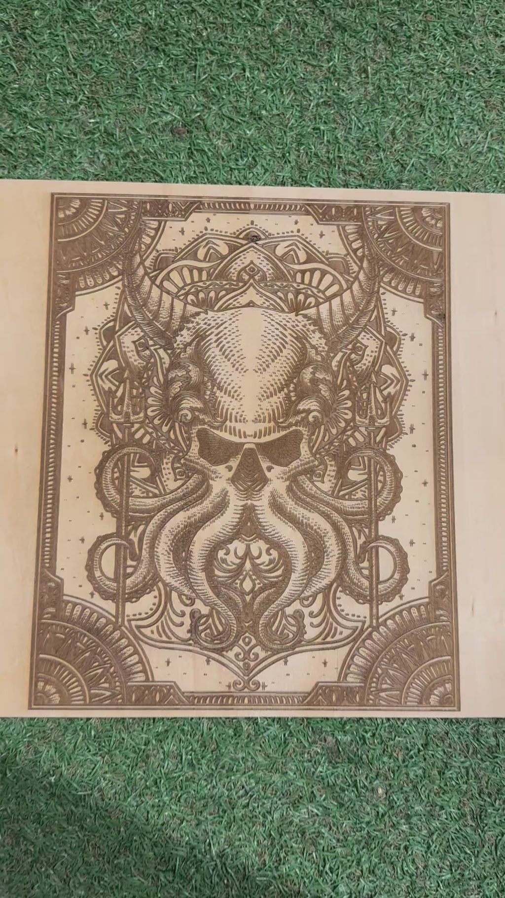 Octopus Skull Laser Engraved Artwork on Basswood (30x30cm)