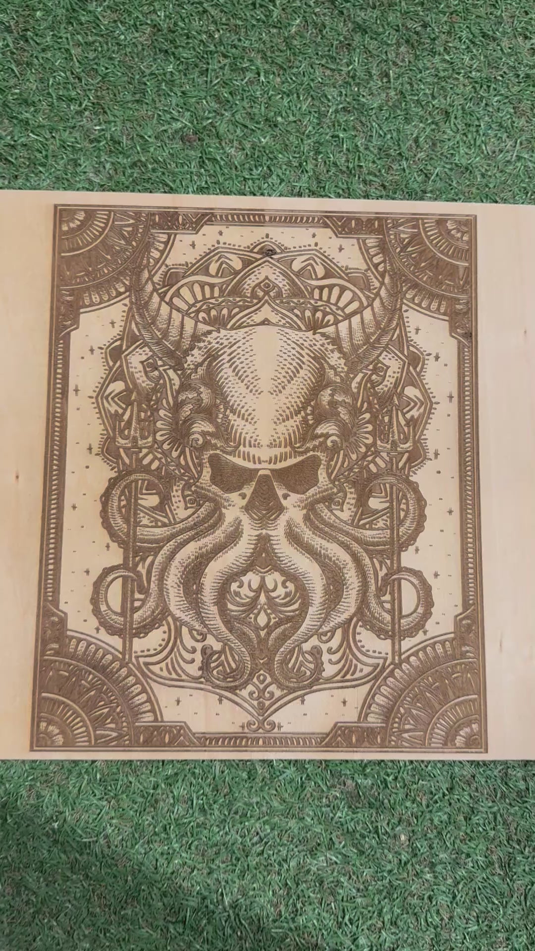 Octopus Skull Laser Engraved Artwork on Basswood (30x30cm)