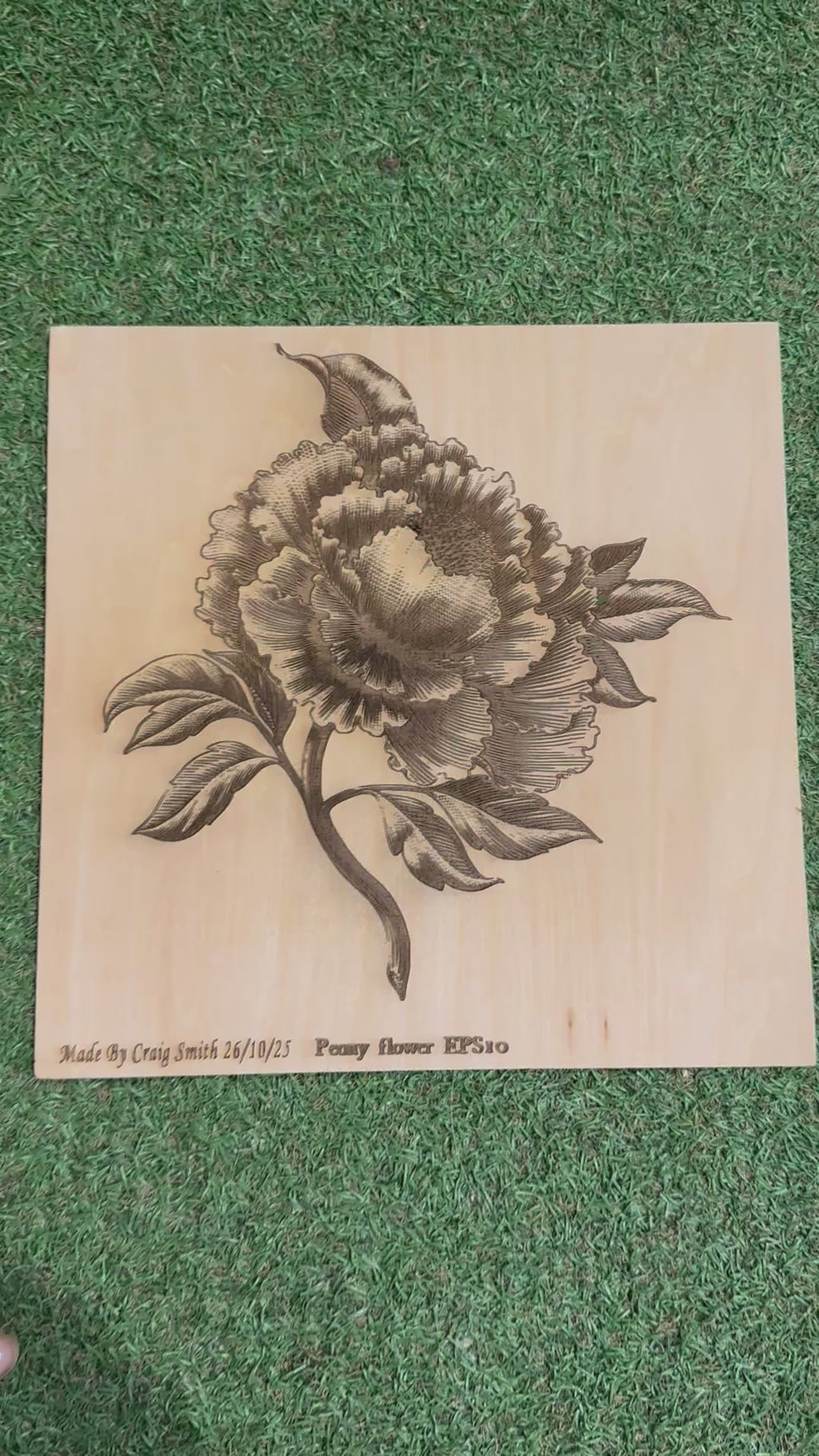 Peony Flower Laser Engraved Basswood Artwork (30cm x 30cm) – One of a Kind