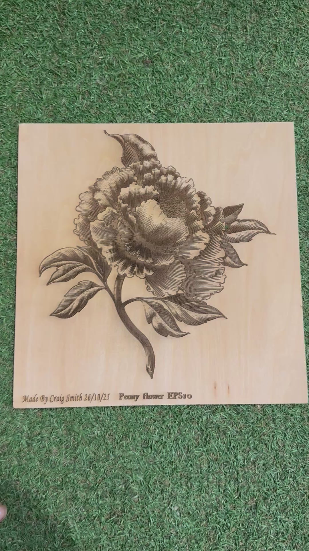 Peony Flower Laser Engraved Basswood Artwork (30cm x 30cm) – One of a Kind